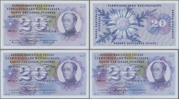 Switzerland: Large lot with 13 banknotes 20 Franken with date 1961, 1964, 1969, 1970, 1971, 1972, 1973, 1974 and 1976, P.46i,k,q,r,s,t,u,v,w in VG to ...