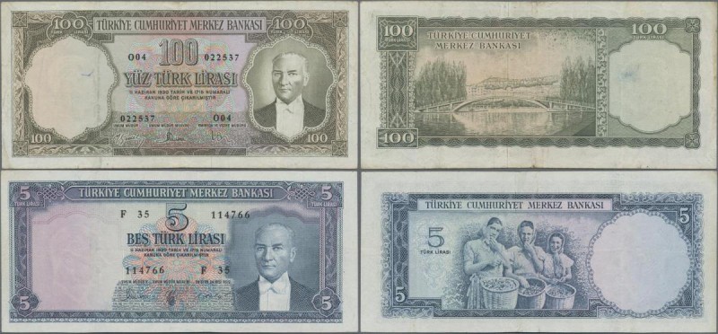 Turkey: Pair with 5 Lira L.1930 (1951-61) P.173 (VF) and 100 Lira L.1930 (1951-6...