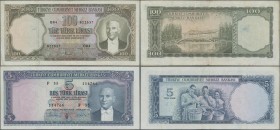 Turkey: Pair with 5 Lira L.1930 (1951-61) P.173 (VF) and 100 Lira L.1930 (1951-61) P.169 (F/F+). (2 pcs.)
 [taxed under margin system]