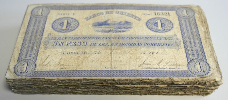 Colombia: Very big bundle of 182 banknotes 1 Peso 1890 ”Banco de Oriente” P. S69...