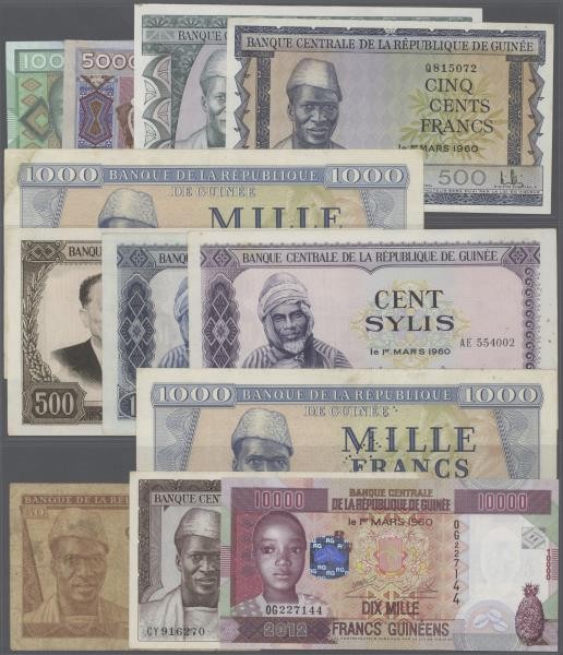 Guinea: about 120 banknotes from different series in different denominations in ...