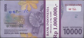Indonesia: Bank Indonesia bundle with 100 banknotes 10.000 Rupiah 2016, P.157a with serial numbers from QC 1000001 up to QC 1000100 in UNC condition. ...
