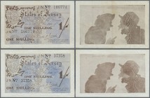 Jersey: pair of the 1 Shilling ND(1941-42) issued under German Occupation in WW II, P.2, one time in excellent condition with stains froma paper clip ...