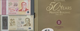 Singapore: Two original folder commemorating 50 Years of Nation Building 1965 – 2015, one with 50 Dollars ”blue seal album” and one with a complete se...