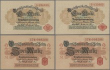 Deutschland - Deutsches Reich bis 1945: Kleines Lot mit 4 Farbvarianten mit 2x 1 Mark 1914 Ro.51a mit verfärbter Vorderseite (XF, UNC) und 2x 2 Mark 1...