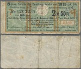 Deutschland - Deutsches Reich bis 1945: Zinskupon der Anleihe 1915, Serie ”q” zu 2,50 Mark, Ro.58a (P.NL), stark gebraucht mit kleinen Einrissen in de...