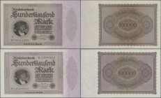 Deutschland - Deutsches Reich bis 1945: Lot mit 4 Banknoten 100.000 Mark 1923, dabei einmal Ro.82a mit KN H10909022 (UNC), Ro.82b mit KN F00051303 (VF...