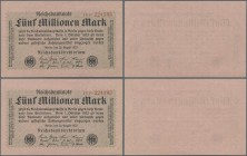 Deutschland - Deutsches Reich bis 1945: 2x 5 Millionen Mark 1923, Ro.104b, beide mit identischer Seriennummer 14P 224393, Erhaltung: XF+/aUNC. (2 Stüc...