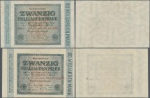 Deutschland - Deutsches Reich bis 1945: 20 Milliarden Mark, 1. Oktober 1923, 2 Scheine, dabei einmal mit Wz. Hakenstern, 6-stelliger KN und Fz. HM in ...