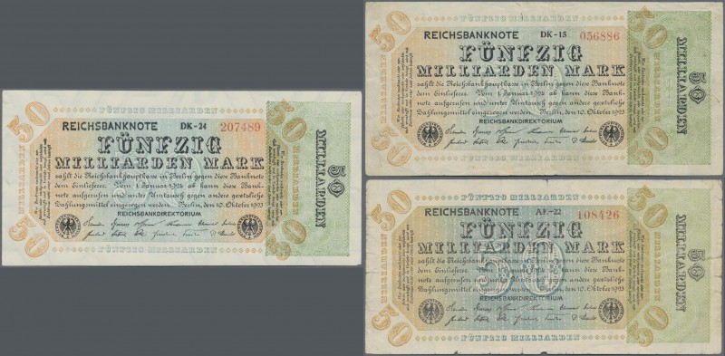 Deutschland - Deutsches Reich bis 1945: Kleines Lot mit 3 Banknoten zu 50 Millia...