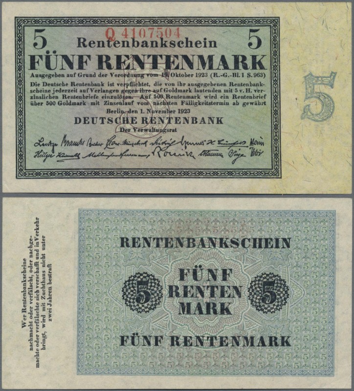 Deutschland - Deutsches Reich bis 1945: 5 Rentenmark 1923, KN 7-stellig, Serie Q...