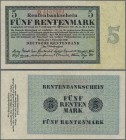 Deutschland - Deutsches Reich bis 1945: 5 Rentenmark 1923, KN 7-stellig, Serie Q, Ro.156b, minimale Stauchungen im Papier, sonst einwandfrei, Erhaltun...