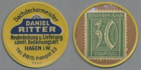 Deutschland - Briefmarkennotgeld: HAGEN, Daniel Ritter, Dachdeckermeister, 30 Pf. Ziffer, Zelluloidkapsel.
 [taxed under margin system]