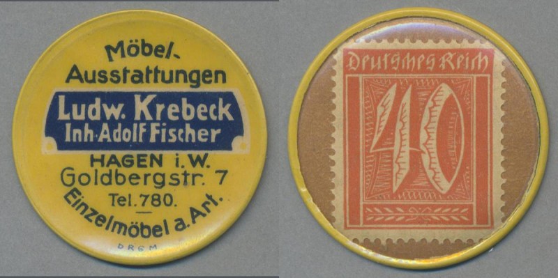 Deutschland - Briefmarkennotgeld: HAGEN, Ludw. Krebeck, Inh. Adolf Fischer, Möbe...