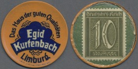 Deutschland - Briefmarkennotgeld: Limburg (Lahn), Hessen, Egid Kurtenbach, 10 Pf. Ziffer, Plastikhülle, MUG olivgrün Coblenz, L. Tietz AG, 10 Pf. Ziff...