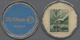 Deutschland - Briefmarkennotgeld: Italien, Briefmarken-Kapselgeld ”Pelikan / Cotone”, mit Briefmarke zu 1 Lira der Serie ”Demokratie” von 1945, Alumin...
