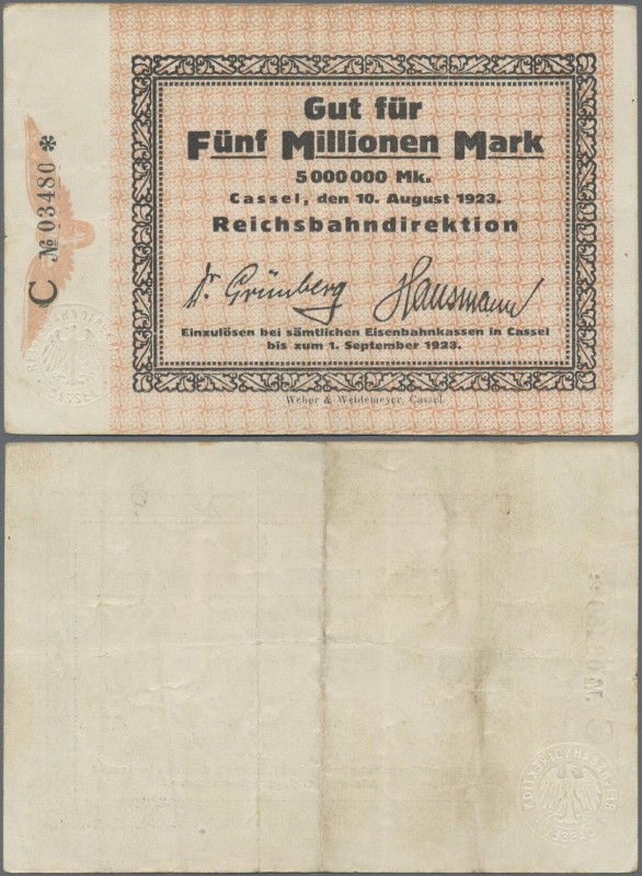 Deutschland - Reichsbahn: Cassel, RBD, 5 Millionen Mark vom 10.8.1923, MGG 004.3...