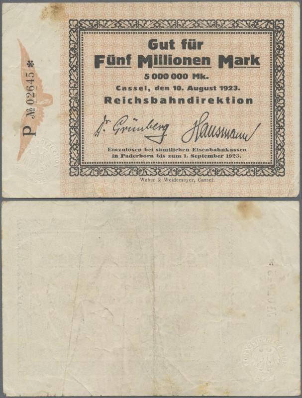 Deutschland - Reichsbahn: Cassel, RBD, 5 Millionen Mark vom 10.8.1923, KN 4 mm, ...