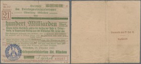 Deutschland - Reichsbahn: München, Reichspostministerium, überdrucktes Formular des Postscheckamtes Nürnberg zu 100 Milliarden Mark mit blauem Hochdru...