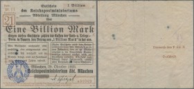 Deutschland - Reichsbahn: München, Reichspostministerium, überdrucktes Formular des Postscheckamtes Nürnberg zu 1 Billion Mark mit blauem Hochdruckste...