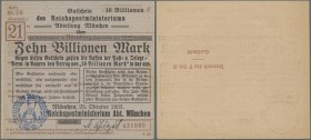 Deutschland - Reichsbahn: München, Reichspostministerium, überdrucktes Formular des Postscheckamtes Nürnberg zu 10 Billionen Mark mit blauem Hochdruck...