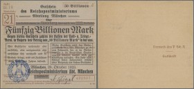 Deutschland - Reichsbahn: München, Reichspostministerium, überdrucktes Formular des Postscheckamtes Nürnberg zu 50 Billionen Mark mit blauem Hochdruck...