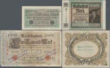 Deutschland - Deutsches Reich bis 1945: Lot mit 18 Banknoten, dabei u.a. 50 Mark ”Eierschein” 1918 (Ro.57) mit rückseitigem Stempel ”Reichsbankhauptka...