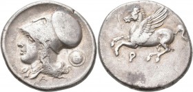 Korinth: AR-Stater, 345/307 v. Chr. Pegasus fliegt nach links, unter ihm P (Koppa) / Athenakopf mit korinthischem Helm nach links, Beizeichen Rundschi...
