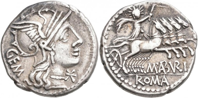 Marcus Aburius Geminus (132 v.Chr.): Denar, Rom. Behelmter Romakopf nach rechts,...