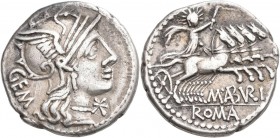 Marcus Aburius Geminus (132 v.Chr.): Denar, Rom. Behelmter Romakopf nach rechts, links GEM, rechts Stern / Sol mit Peitsche auf Quadriga, MABVRI ROMA....