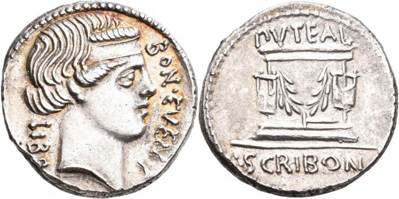 Lucius Scribonius Libo (62 v.Chr.): Denar, Rom. Kopf des Bonus Eventus mit Diade...