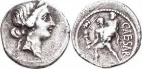 Gaius Iulius Caesar (49/48 v.Chr.): Denar, Kleinasiatische Münzstätte. Venuskopf nach rechts / Aeneas trägt seinen Vater Anchises und das Palladium, r...