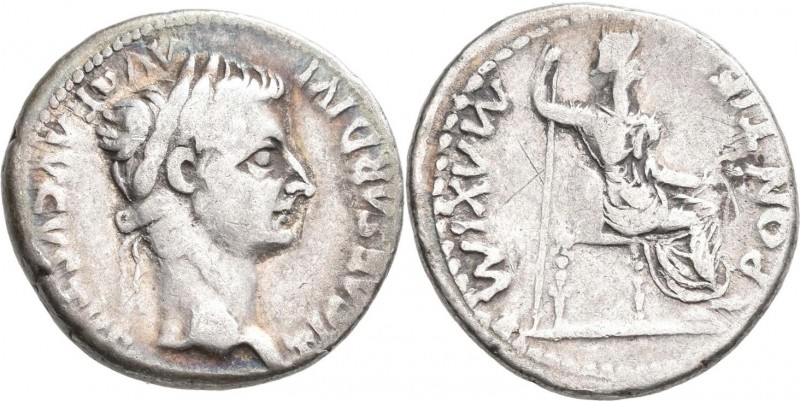 Tiberius (14 - 37): Denar, Lugdunum. Kopf mit Lorbeerkranz nach rechts, TI CAESA...