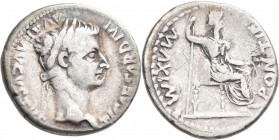 Tiberius (14 - 37): Denar, Lugdunum. Kopf mit Lorbeerkranz nach rechts, TI CAESAR DIVI AVG F AVGVSTVS / Livia als Iustitia sitzt mit Zepter u. Zweig, ...