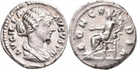 Lucilla (+ 182 n.Chr.): Denar, Rom, 163-164. Drapierte Büste nach rechts, LVCILLA AVGVSTA / sitzende Concordia hält Opferschale und Füllhorn, CONCORDI...