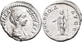 Plautilla (202 - 205): Denar, Rom. Drapierte Büste nach rechts, PLAVTILLAE AVGVSTAE / Concordia mit langem Zepter u. Patera, CONCORDIA AVGG. Cohen 1, ...