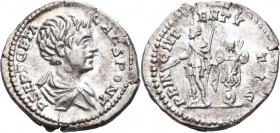 Geta (198 - 209 - 212): Denar, Rom. Büste nach rechts, P SEPT GETA CAES PONT / Geta in Militäruniform mit Zweig und Speer, neben ihm Tropaeum, PRINC I...