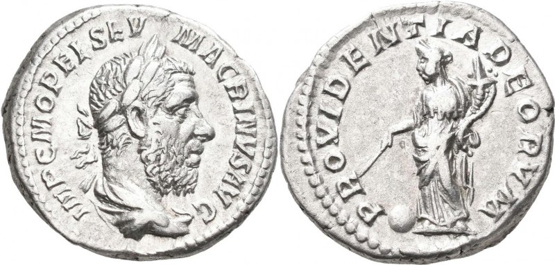 Macrinus (217 - 218): Denar, Antiochia? Rom?, 218. Drapierte Büste mit Lorbeerkr...