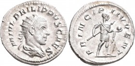 Philippus II. (244 - 247 - 249): Antoninian, Rom, 245-246. Drapierte Büste rechts, M IVL PHILIPPUS CAES. / Philippus in Rüstung mit Speer und Globus n...