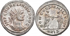 Aurelianus (270 - 275): Antoninian, Siscia, 274-275. Büste mit Strahlenkrone nach rechts, IMP C AVRELIANVS AVG / Kaiser reicht Concordia die Hand, CON...