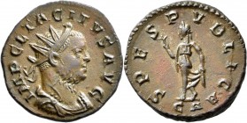 Tacitus (275 - 276): Bronze Antoninian, Lugdunum (Lyon). Büste mit Strahlenkrone nach rechts, IMP CL TACITVS AVG / Spes mit Blume nach links schreiten...