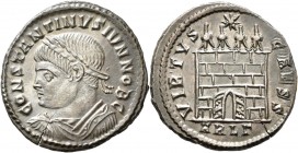 Constantinus II. (316 - 337 - 340): Follis, Arles (Arelate). Büste mit Lorbeerkranz nach links, CONSTANTINVS IVN NOB C / Lagertor mit 4 Türmen, darübe...