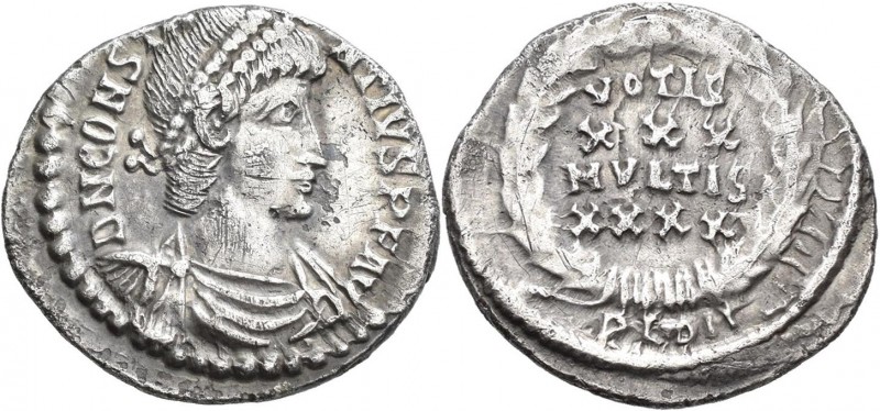 Constantius II. (324 - 337 - 361): AR Siliqua, Arles (Arelate). Büste mit Perldi...
