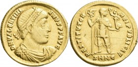 Valentinianus I. (364 - 375): Solidus, Nicomedia, AD 364. Drapierte Büste mit Perldiadem DN VALENTINIANVS PF AVG / Valentinian nach rechts, Labarum mi...
