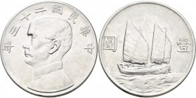 China: 1 Dollar Jahr 23 (1934), Präsident Sun Yat Sen / Dschunke, KM# Y 345. 26,71 g, 800/1000 Silber, sehr schön - vorzüglich.
 [differenzbesteuert]...