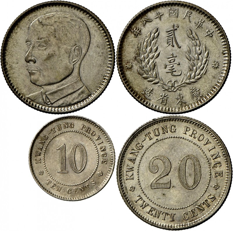 China: Lot 4 Münzen, Republik, Provinz Kwang Tung, 20 Cent Jahr 9 (1920) KM# Y42...