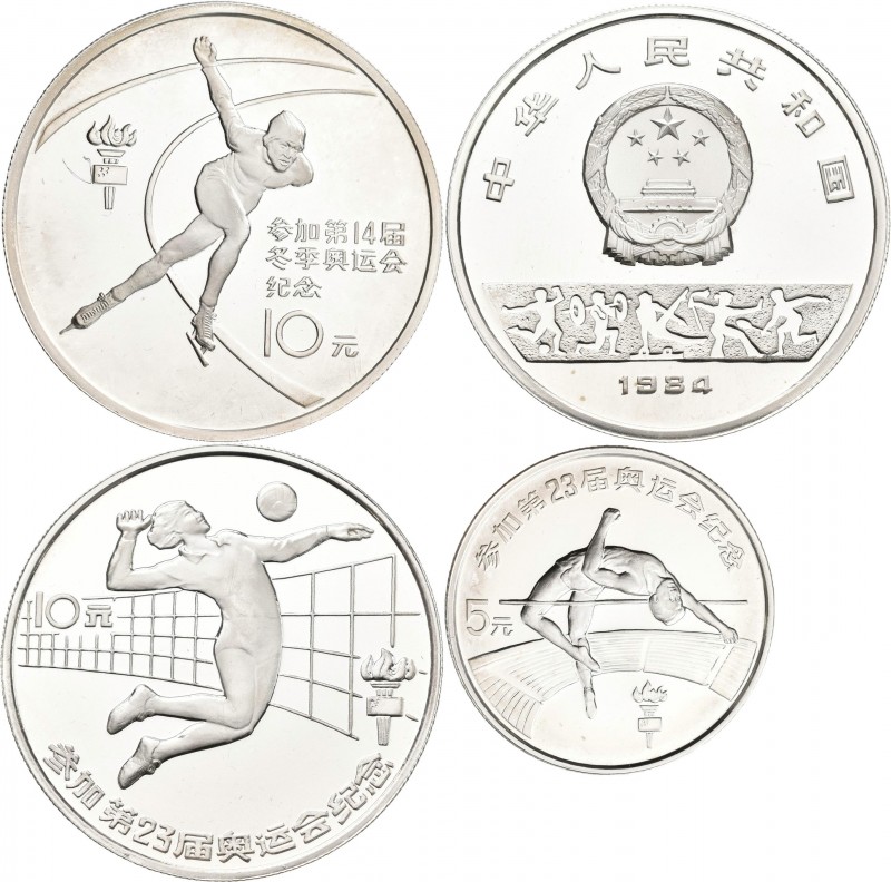 China - Volksrepublik: Lot 3 Münzen Olympische Spiele Los Angeles, dabei: 5 Yuan...