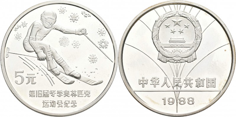 China - Volksrepublik: 5 Yuan 1988 Abfahrtsläufer / Olympische Spiele Calgary. K...