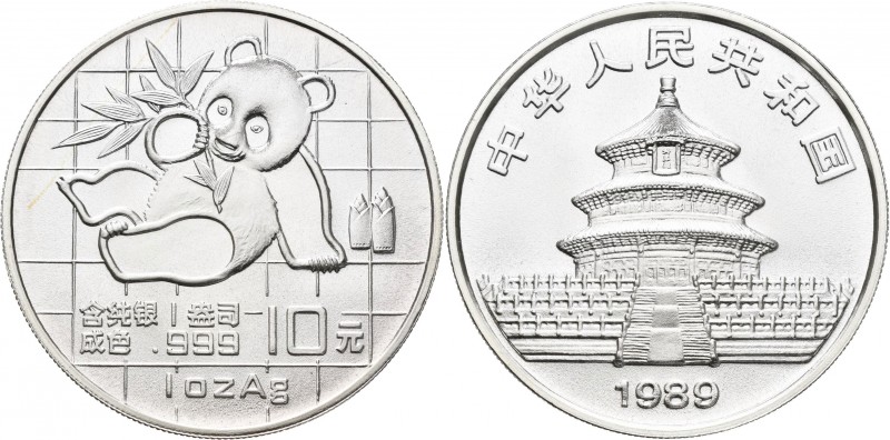 China - Volksrepublik: 10 Yuan 1989, China Pandabär 1 OZ Silber. KM# A221. Feins...