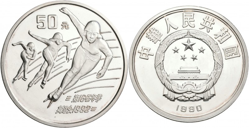 China - Volksrepublik: 50 Yuan 1990, Eisschneelauf / Olympische Spiele Albertvil...